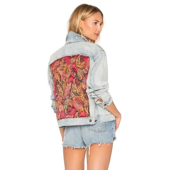 Free People Paisley Quilted Denim Jacket Trucker Boho Hippie Oversized Baggy M/L - Picture 1 of 13